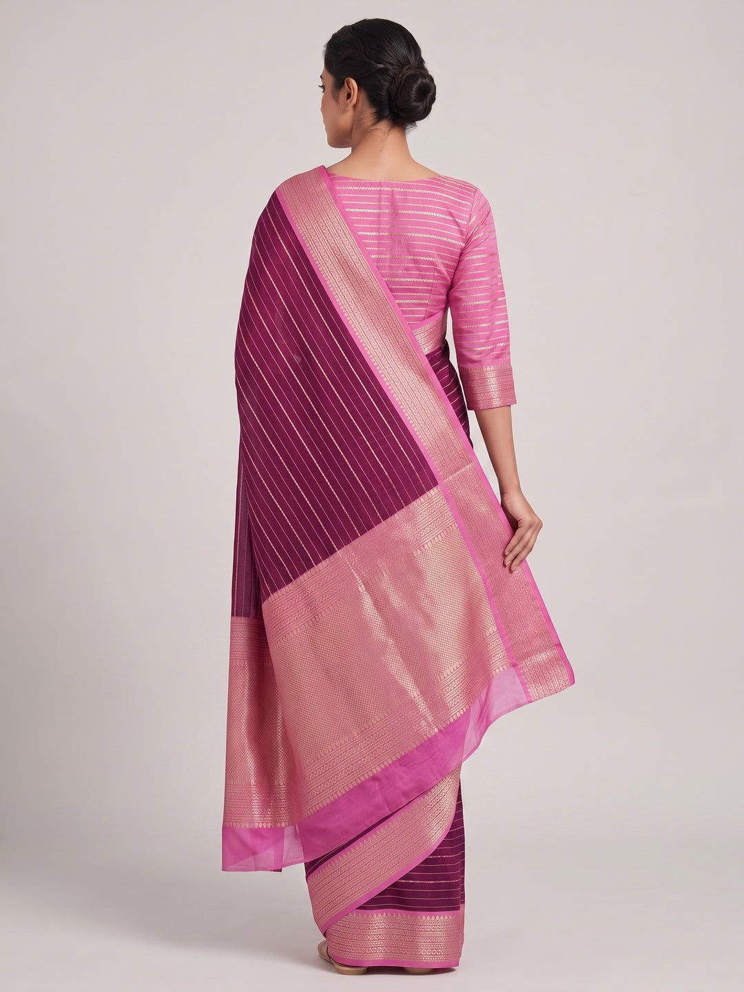 Classic Wine Marshmallow Jacquard Saree Adorned With Refined Striped Zari Weaving Patterns - Image 3