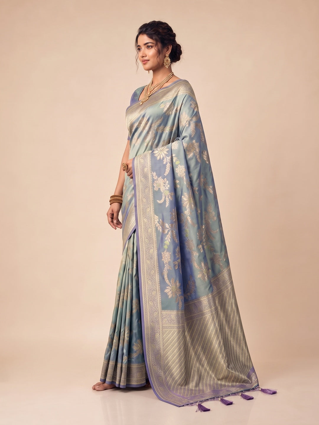 Peachmode Grey Silk Blend Saree - Image 3
