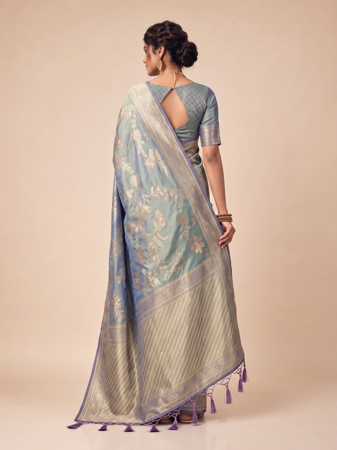 Peachmode Grey Silk Blend Saree - Image 5