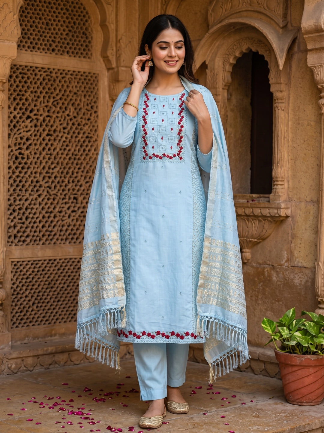 Blue Floral Embroidery Cotton Blend Dress Material Enhanced With Shimmering Sequins Work - Image 1