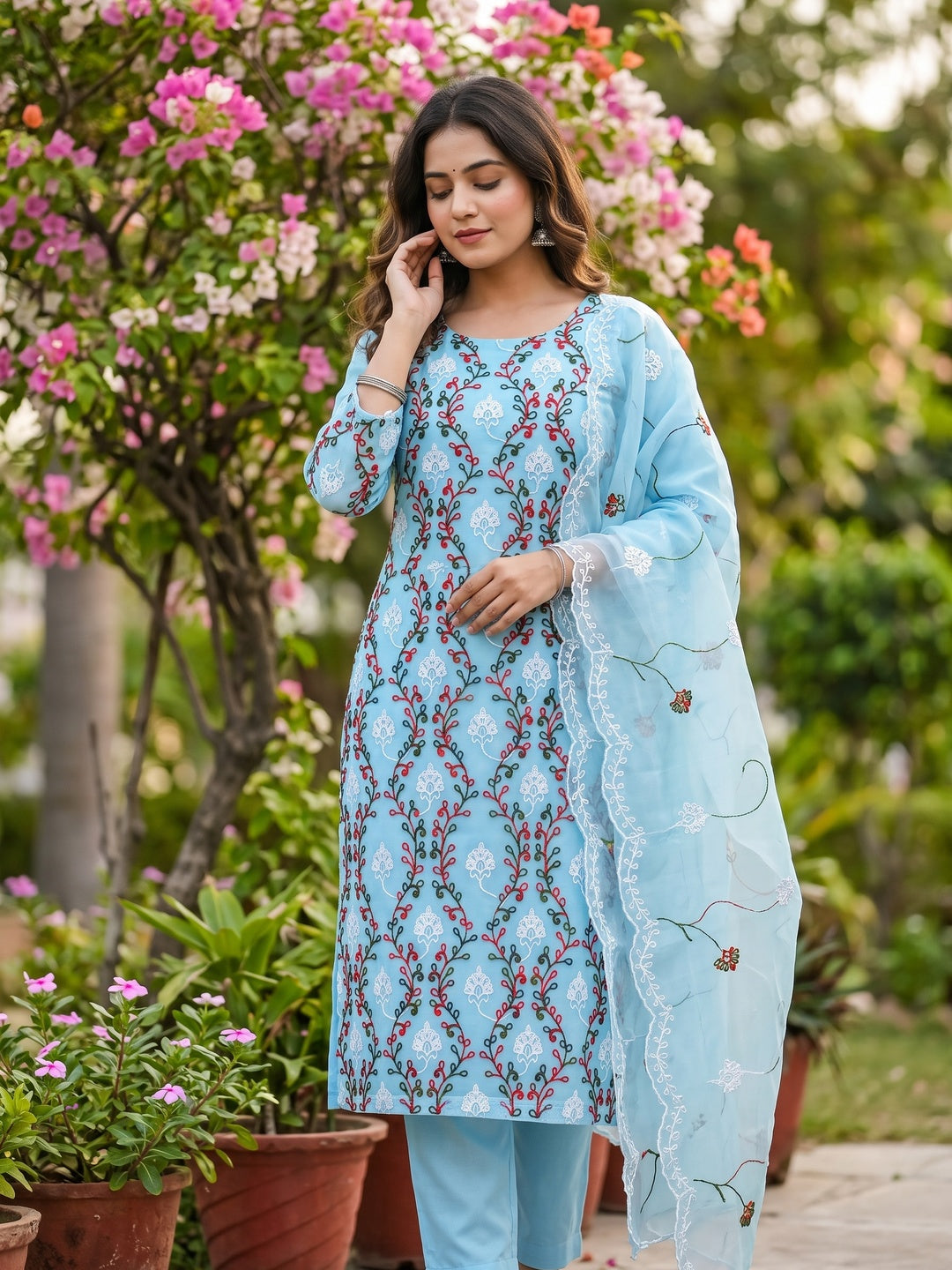 Elegant Blue Organza Dress Material Ensemble With Exquisite Floral Embroidery - Image 1