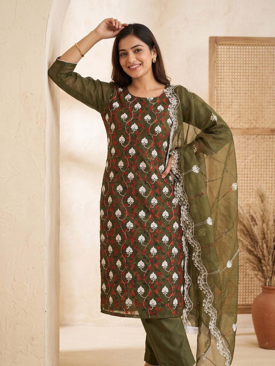Elegant Mehendi Green Organza Dress Material Ensemble With Exquisite Floral Embroidery - Image 1