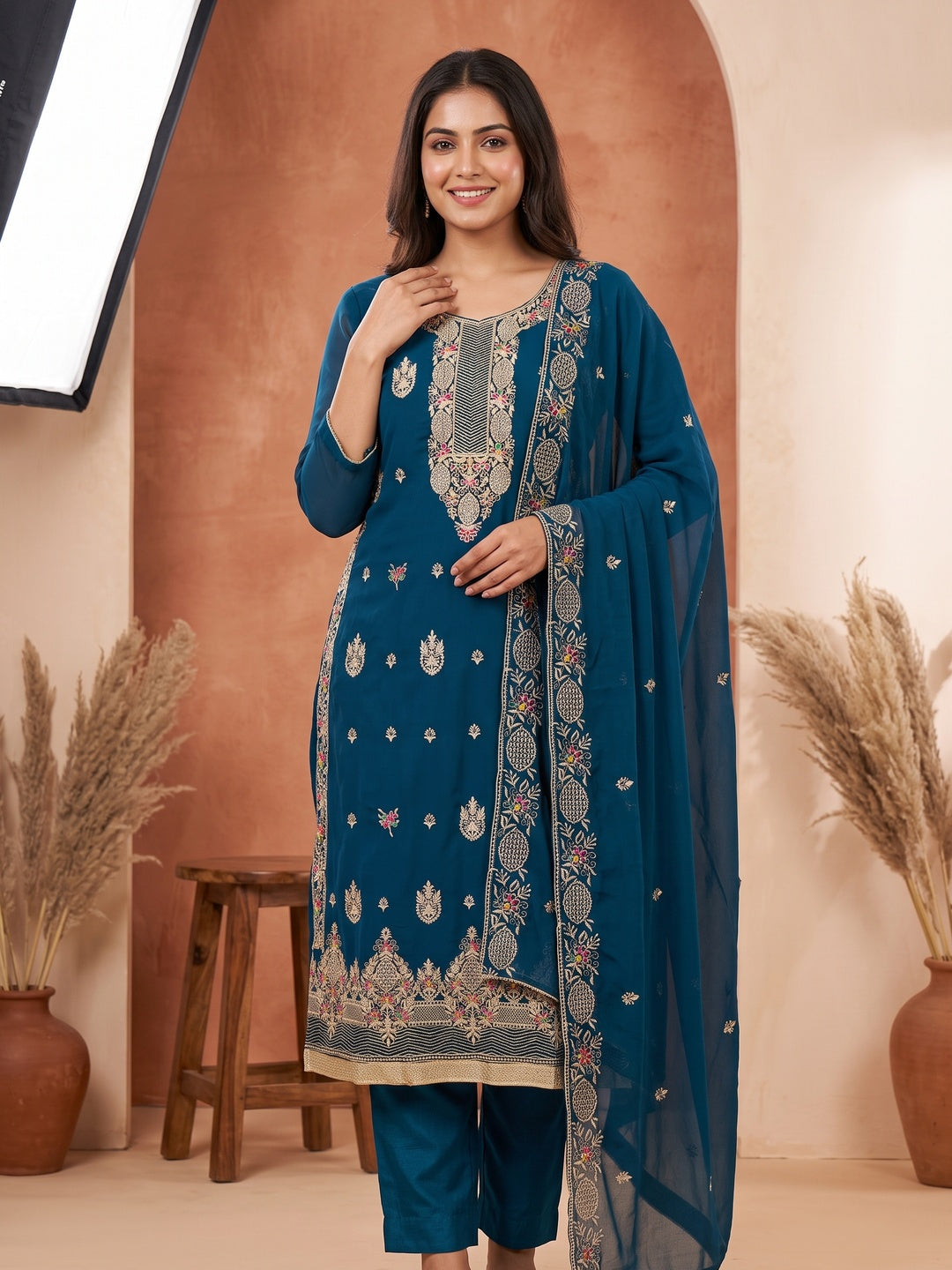 Blue Designer Georgette Dress Material Adorned With Intricate Floral Embroidery - Image 1
