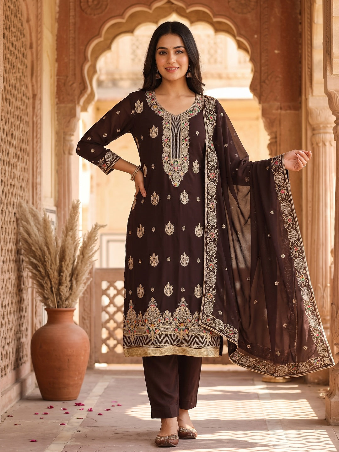 Brown Designer Georgette Dress Material Adorned With Intricate Floral Embroidery - Image 1