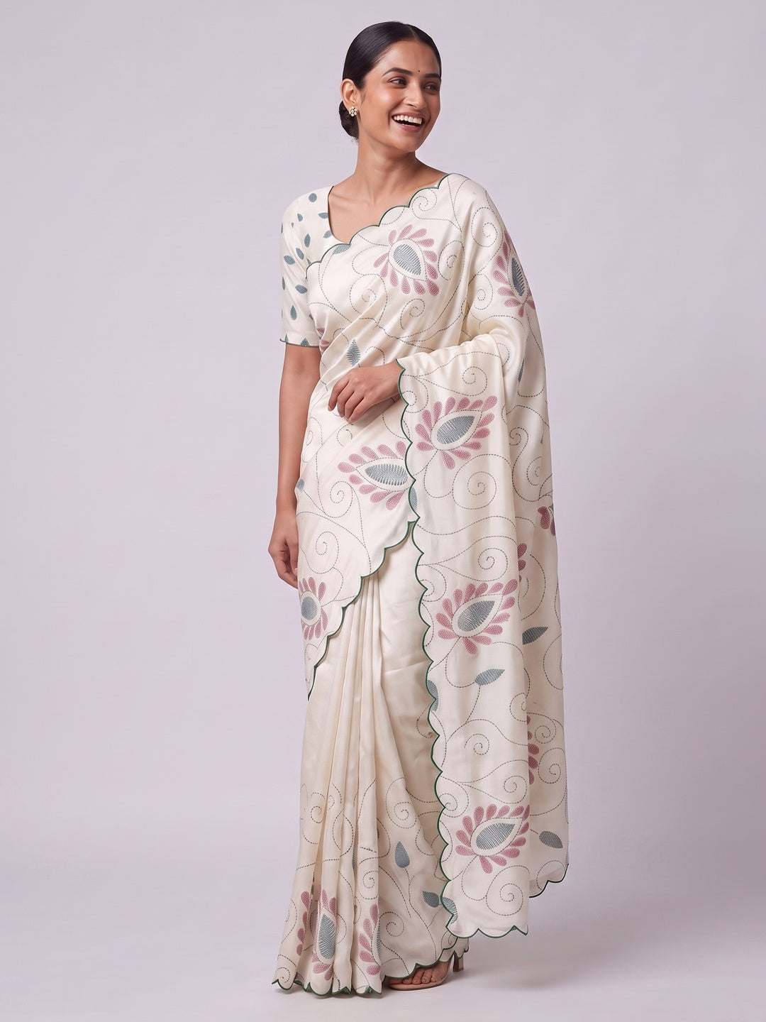 Classic Off White Warli Printed Saree in Lightweight Dola Silk Fabric - Image 5