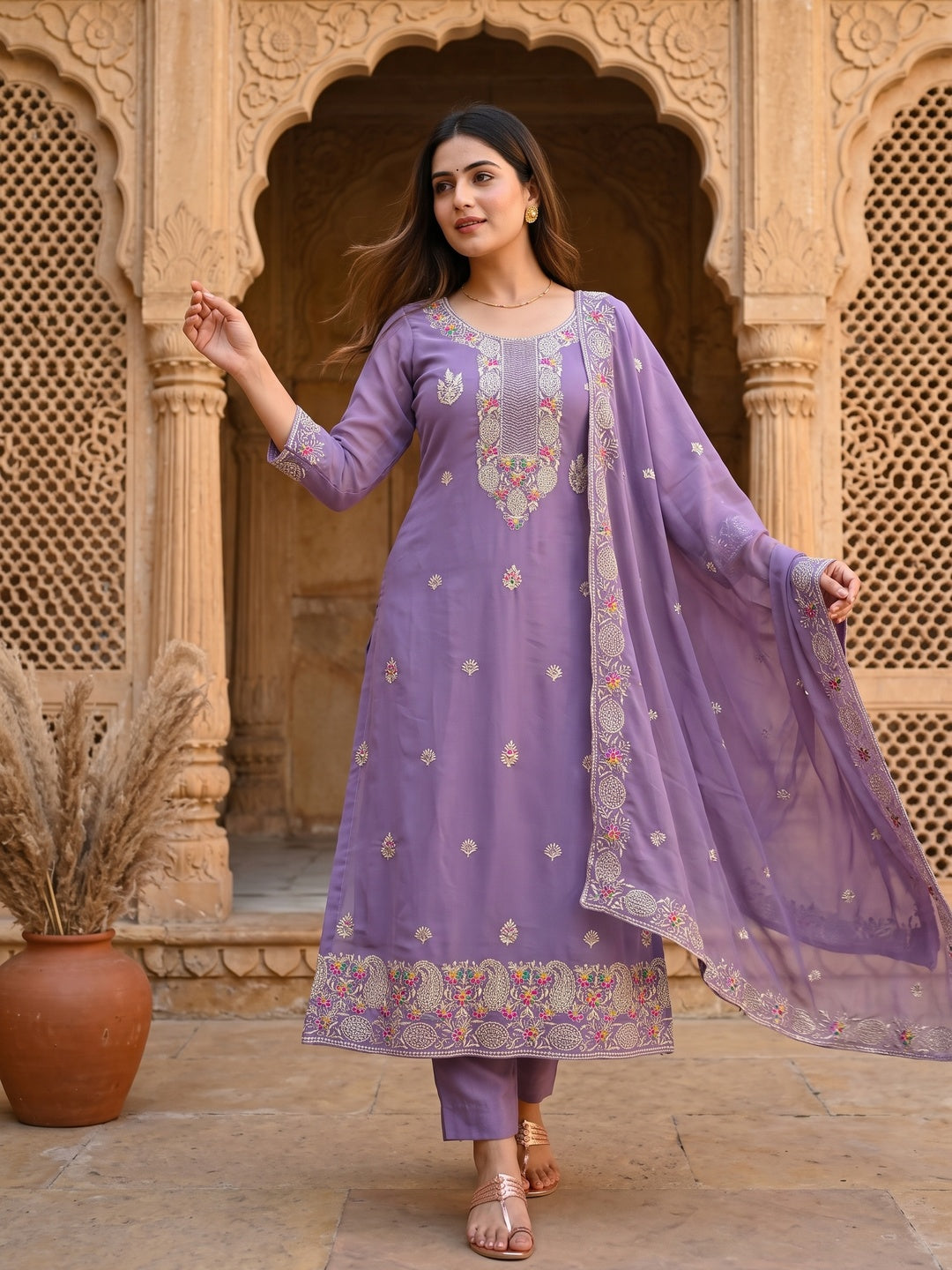 Lavender Designer Georgette Dress Material Adorned With Intricate Floral Embroidery - Image 1