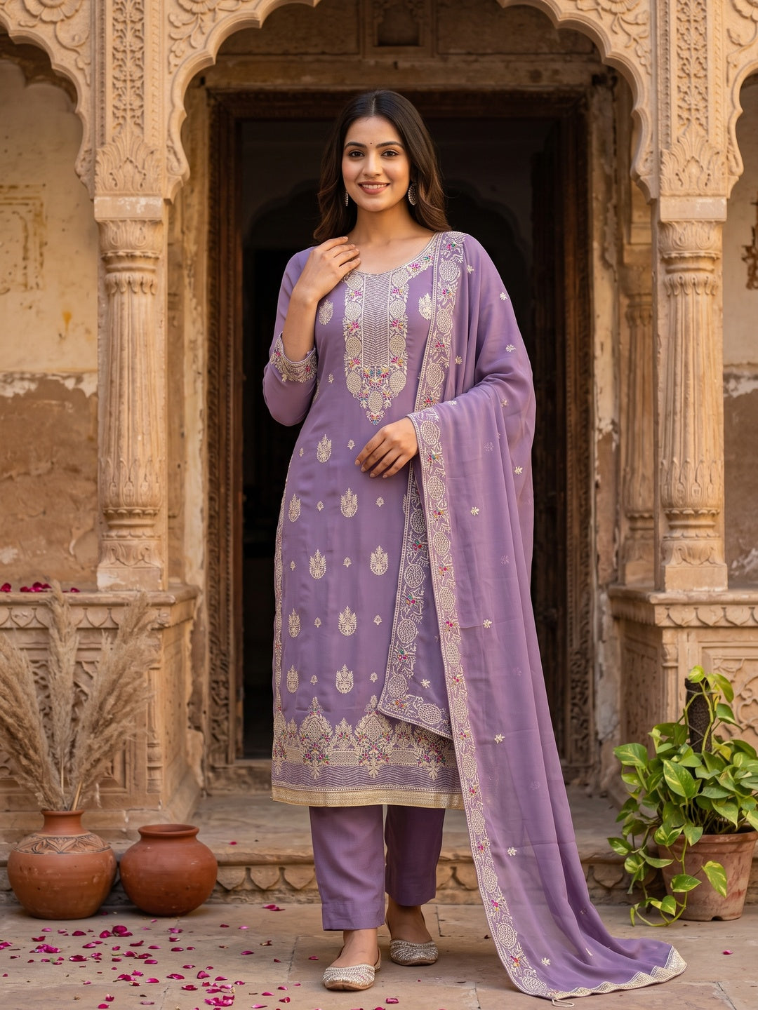 Lavender Designer Georgette Dress Material Adorned With Intricate Floral Embroidery - Image 2