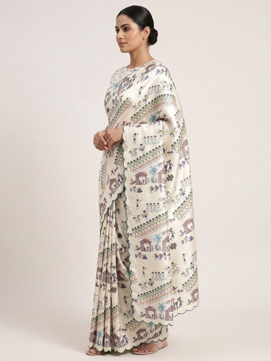 Sophisticated Off White Dola Silk Saree Adorned with Traditional Warli Patterns - Image 4