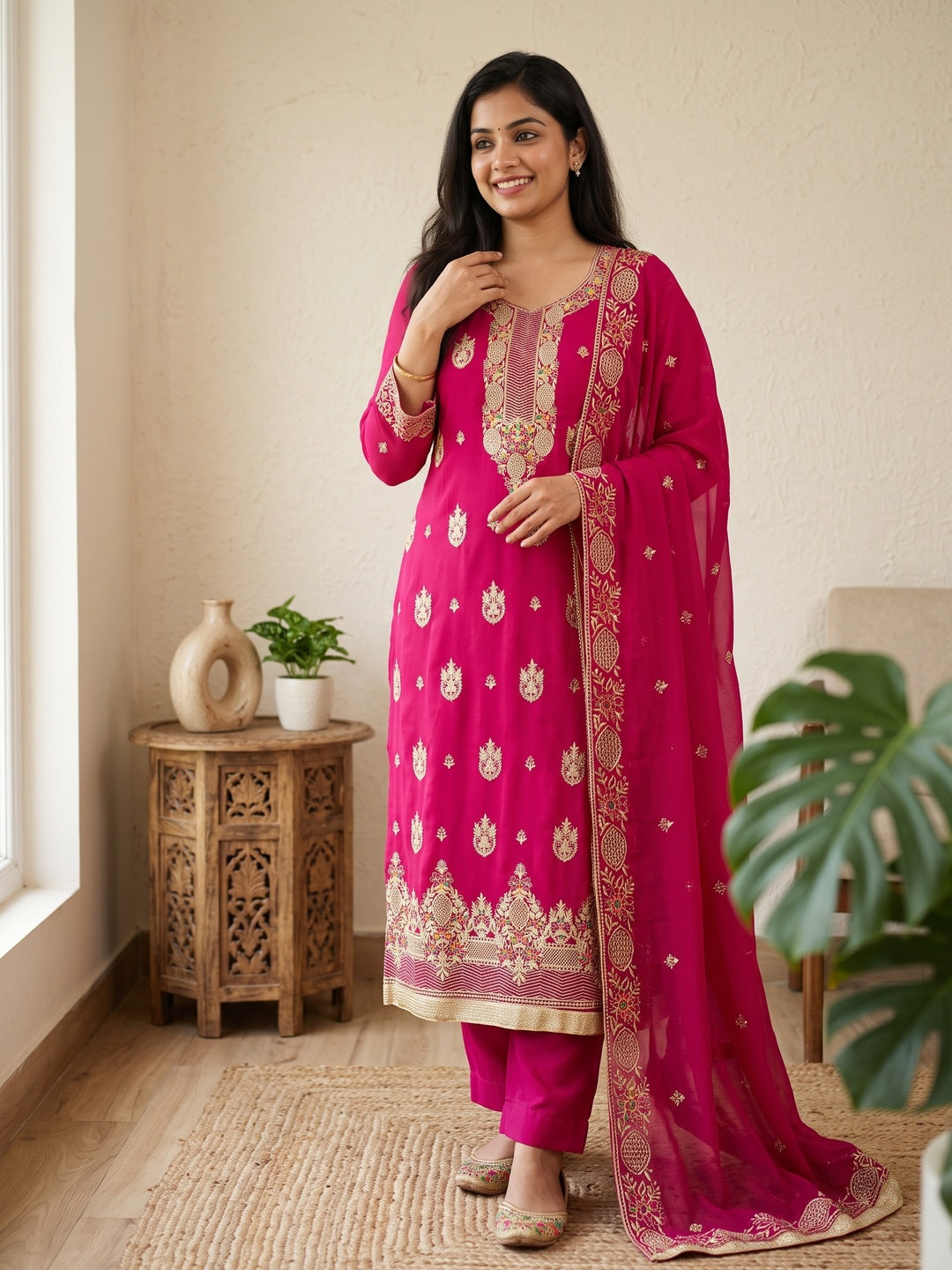 Rani Pink Designer Georgette Dress Material Adorned With Intricate Floral Embroidery - Image 1