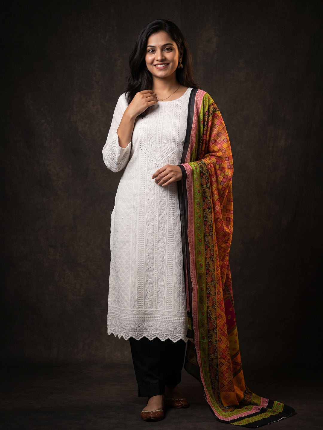 White & Black Cotton Blend Dress Material With Elegant Schiffli & Sequins Work - Image 1