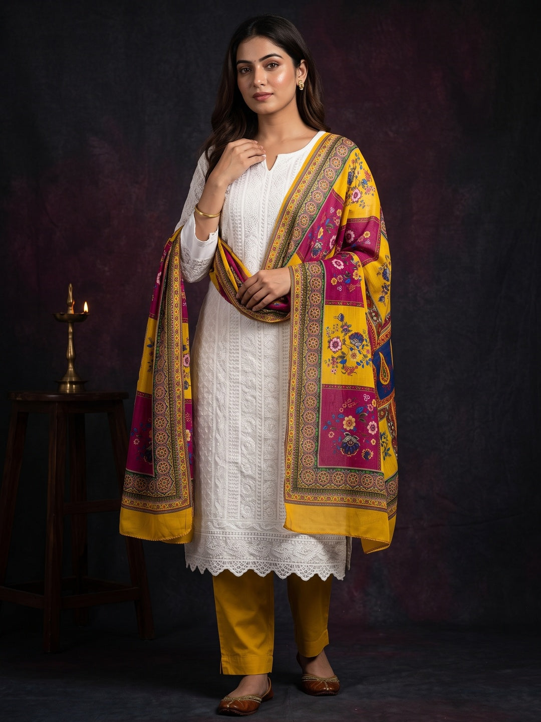 \White & Yellow Cotton Blend Dress Material With Elegant Schiffli & Sequins Work - Image 1