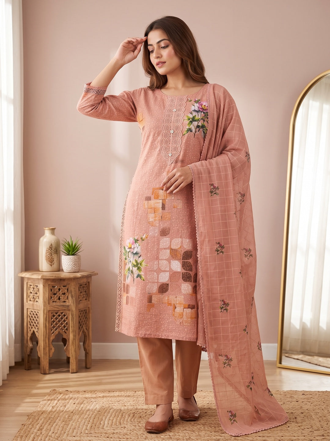 Dusty Peach Schiffli Embroidered Cotton Blend Dress Material With Floral Digital Print - Image 1