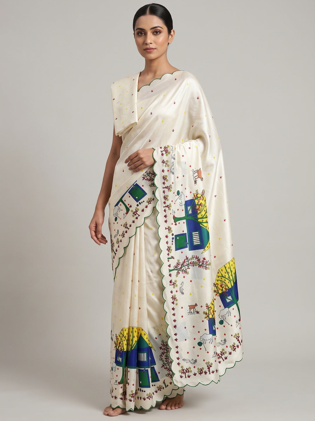 Designer Off White Soft Dola Silk Saree with Subtle Warli Print Detailing - Image 2