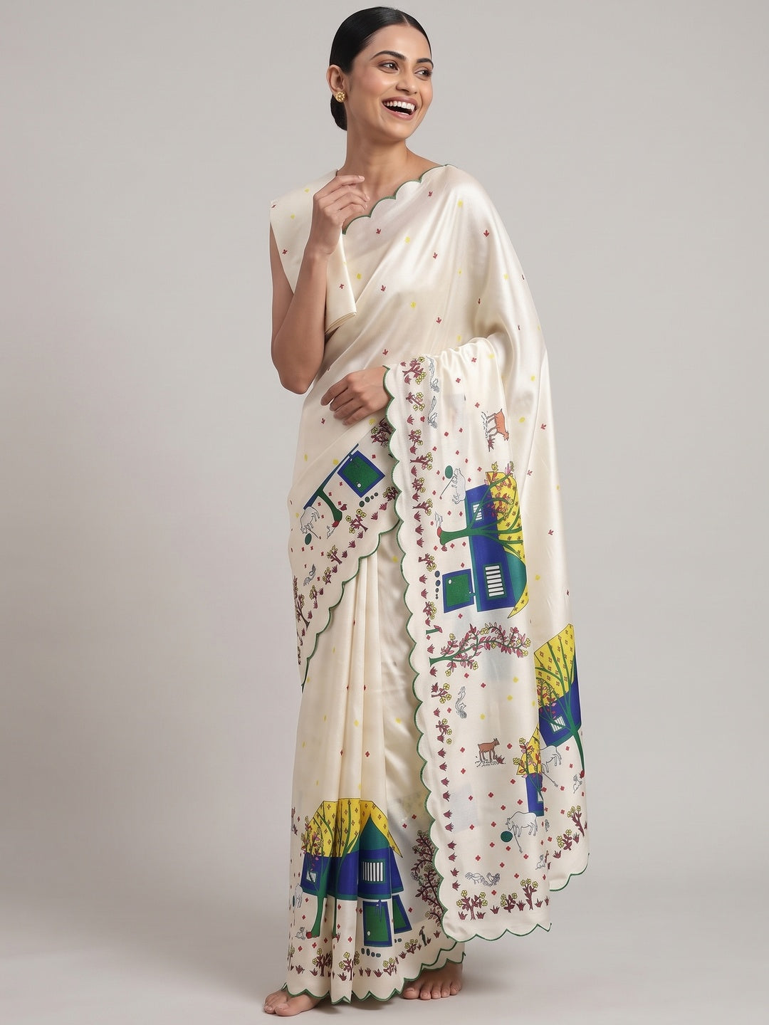 Designer Off White Soft Dola Silk Saree with Subtle Warli Print Detailing - Image 5