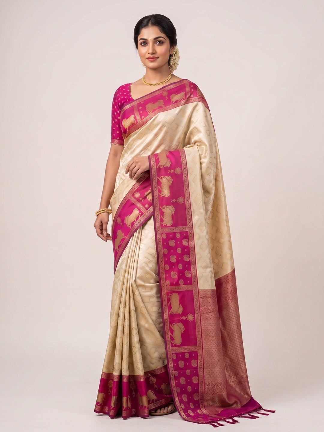 Classic Cream Zari Woven Kanjivaram Silk Saree With Detailed Animal Motif Border & Tassel Pallu - Image 1