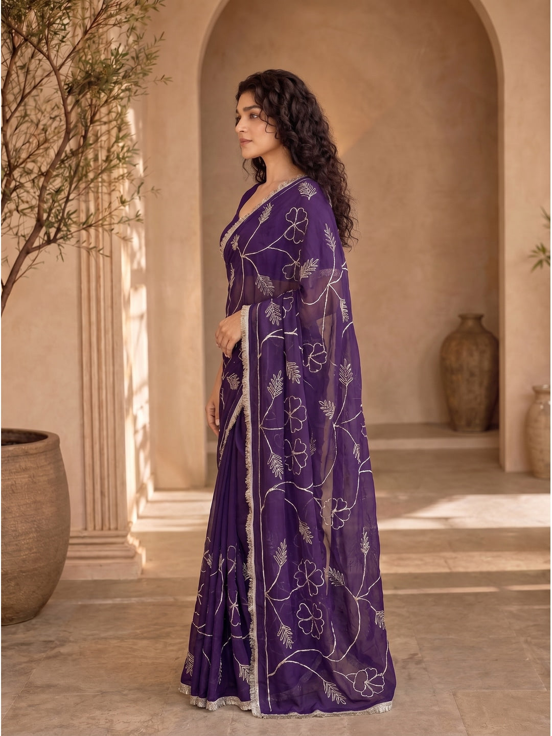 Peachmode Purple Gota Patti Star Georgette Saree - Image 3