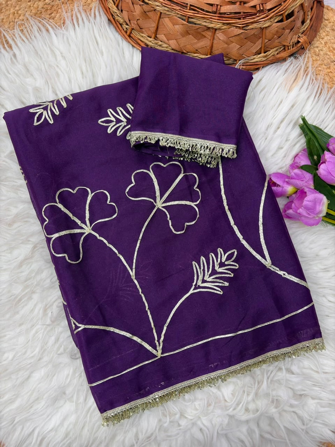Peachmode Purple Gota Patti Star Georgette Saree - Image 5