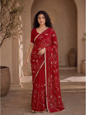 Peachmode Red Gota Patti Star Georgette Saree - Image 2