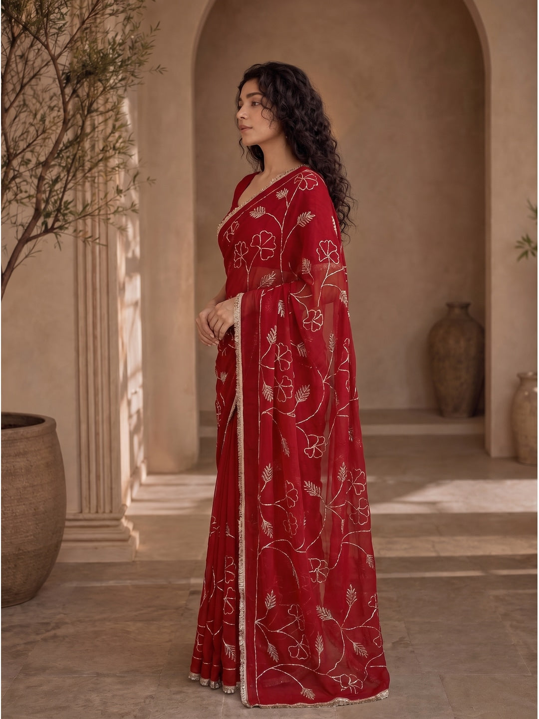 Peachmode Red Gota Patti Star Georgette Saree - Image 4