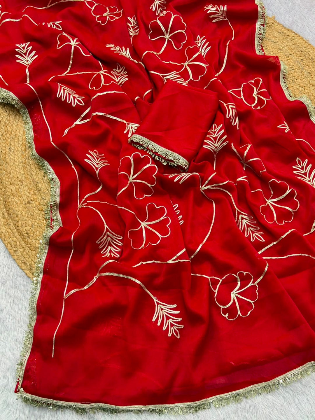 Peachmode Red Gota Patti Star Georgette Saree - Image 5