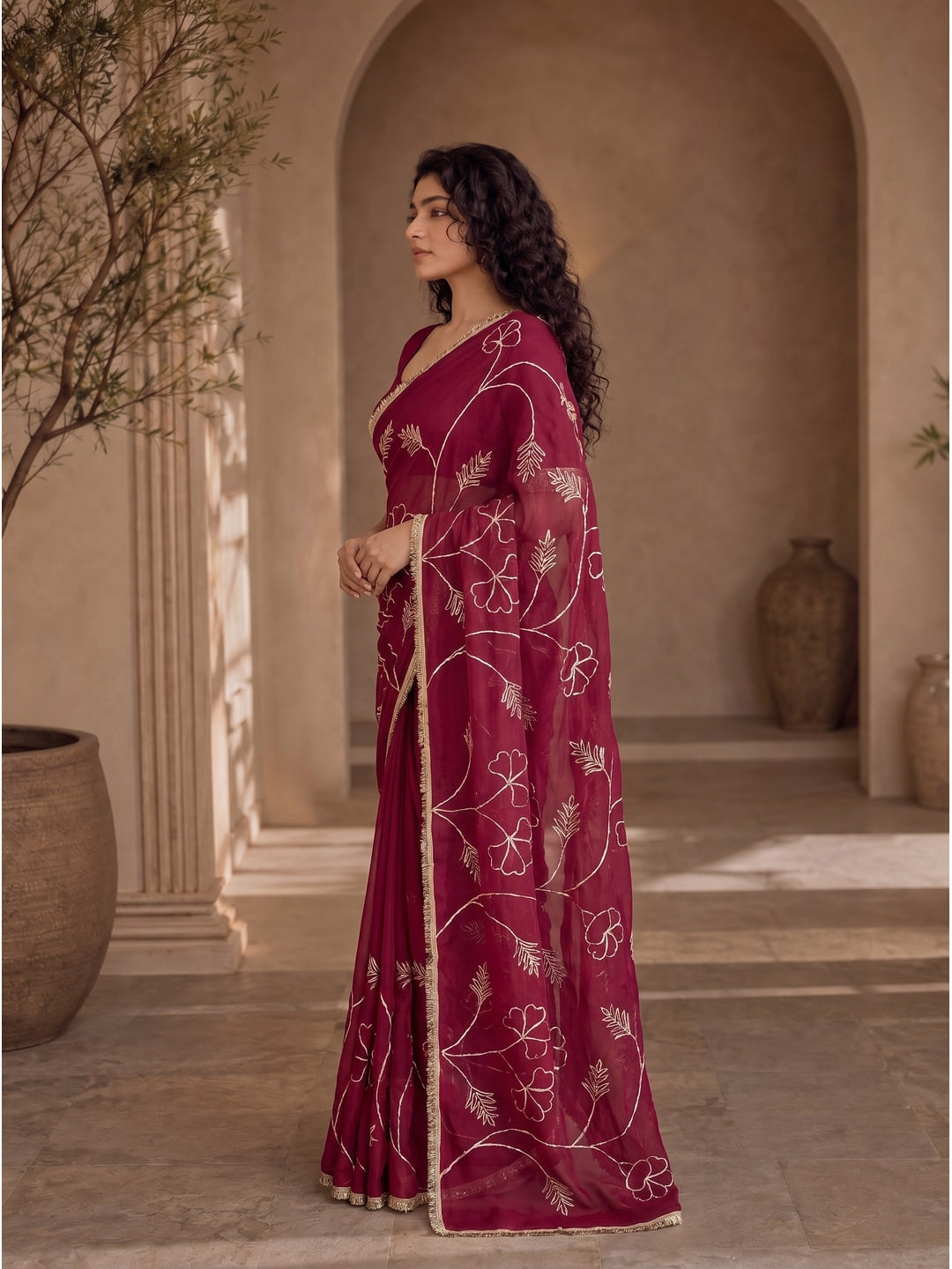 Peachmode Rani Pink Gota Patti Star Georgette Saree - Image 4