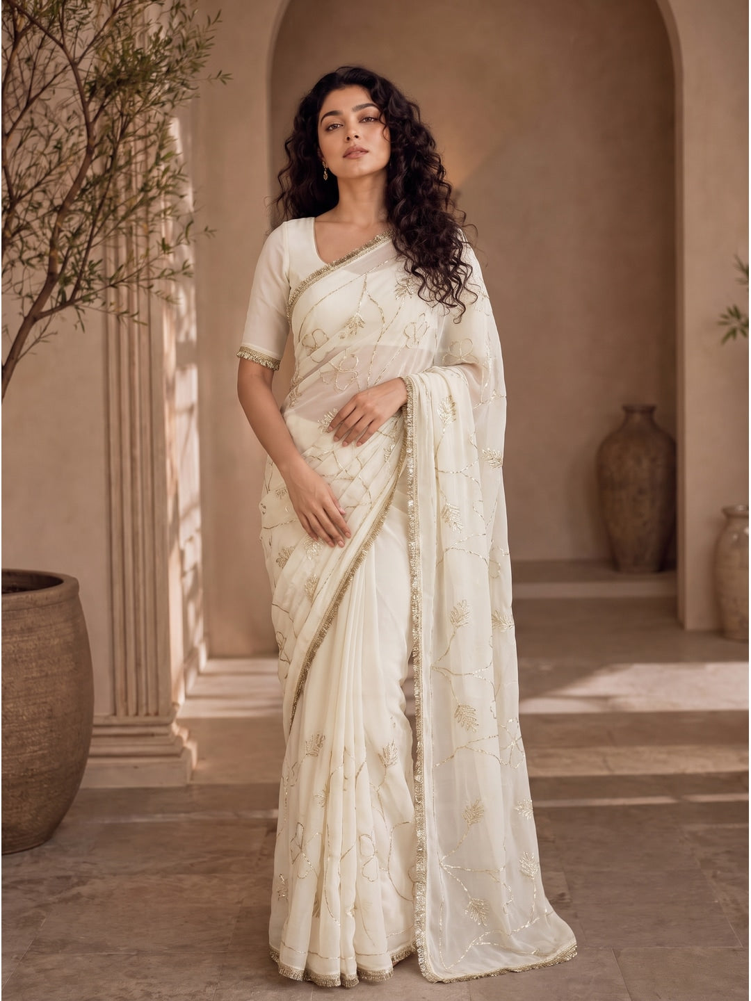 Peachmode White Gota Patti Star Georgette Saree - Image 1