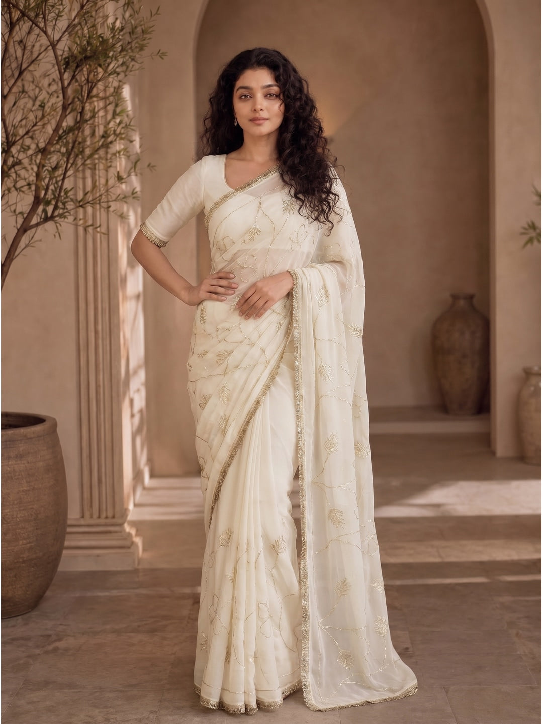 Peachmode White Gota Patti Star Georgette Saree - Image 2