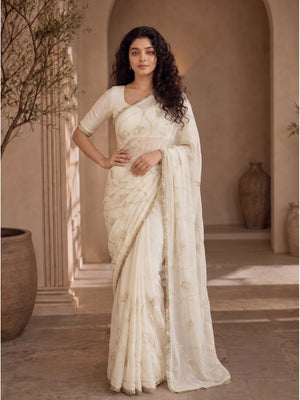 Peachmode White Gota Patti Star Georgette Saree - Image 2
