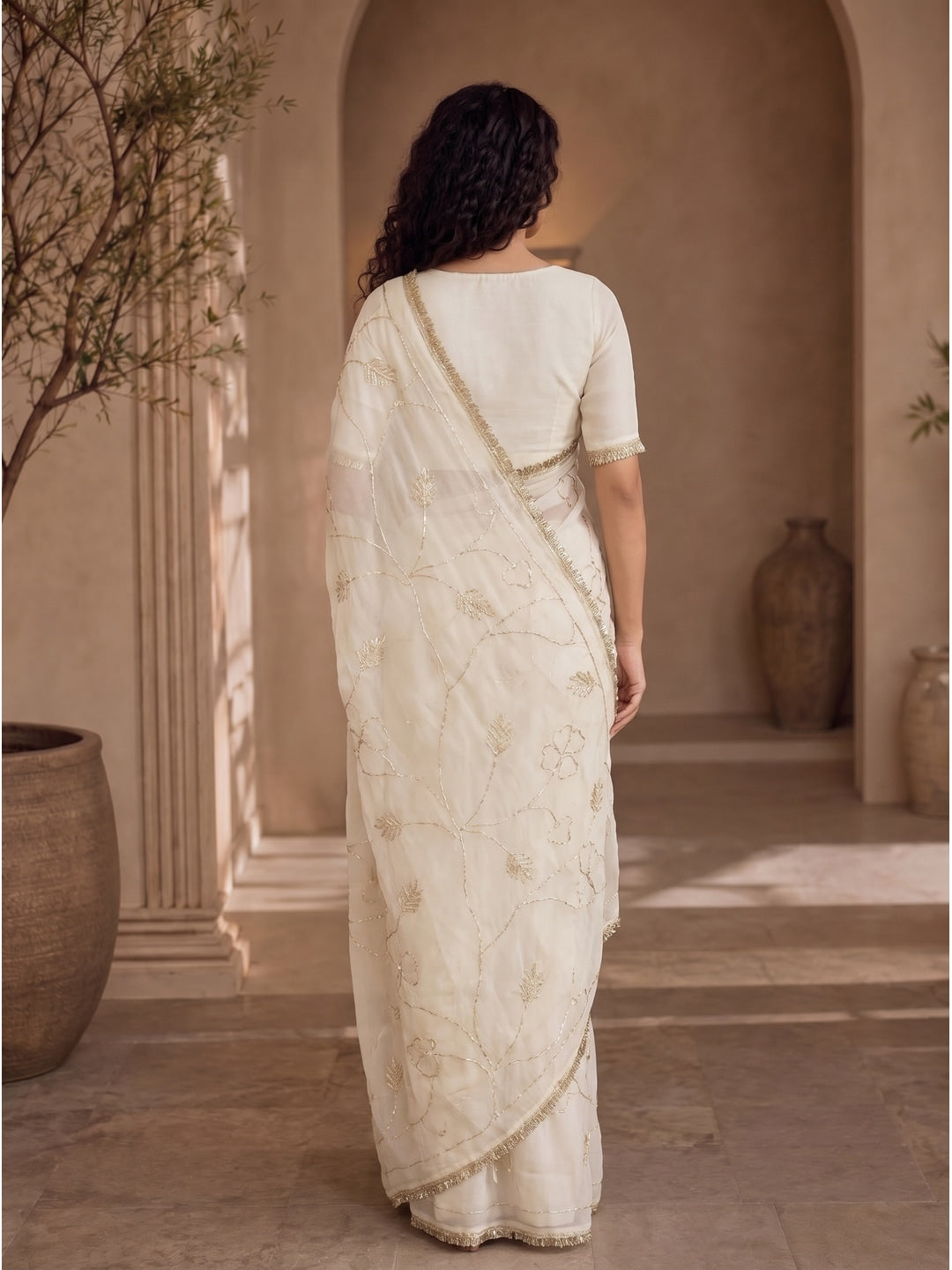 Peachmode White Gota Patti Star Georgette Saree - Image 3