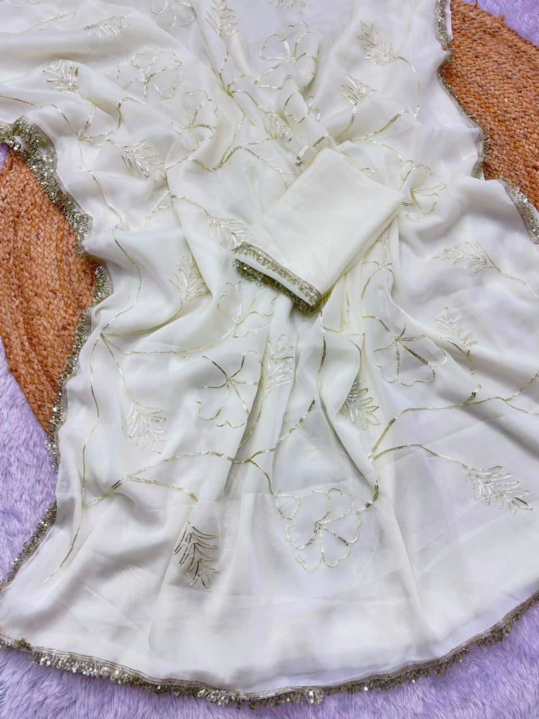 Peachmode White Gota Patti Star Georgette Saree - Image 5