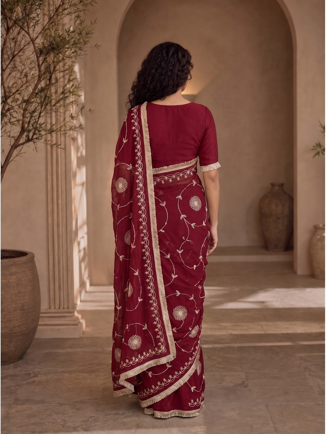 Peachmode Rani Pink Gota Patti Star Georgette Saree - Image 3