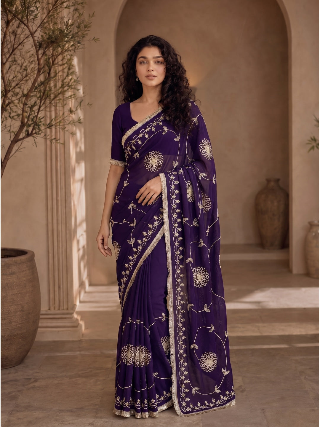Peachmode Purple Gota Patti Star Georgette Saree - Image 2