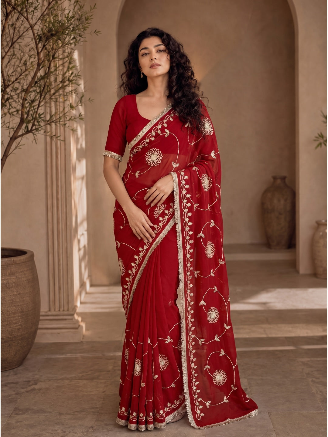 Peachmode Red Gota Patti Star Georgette Saree - Image 1