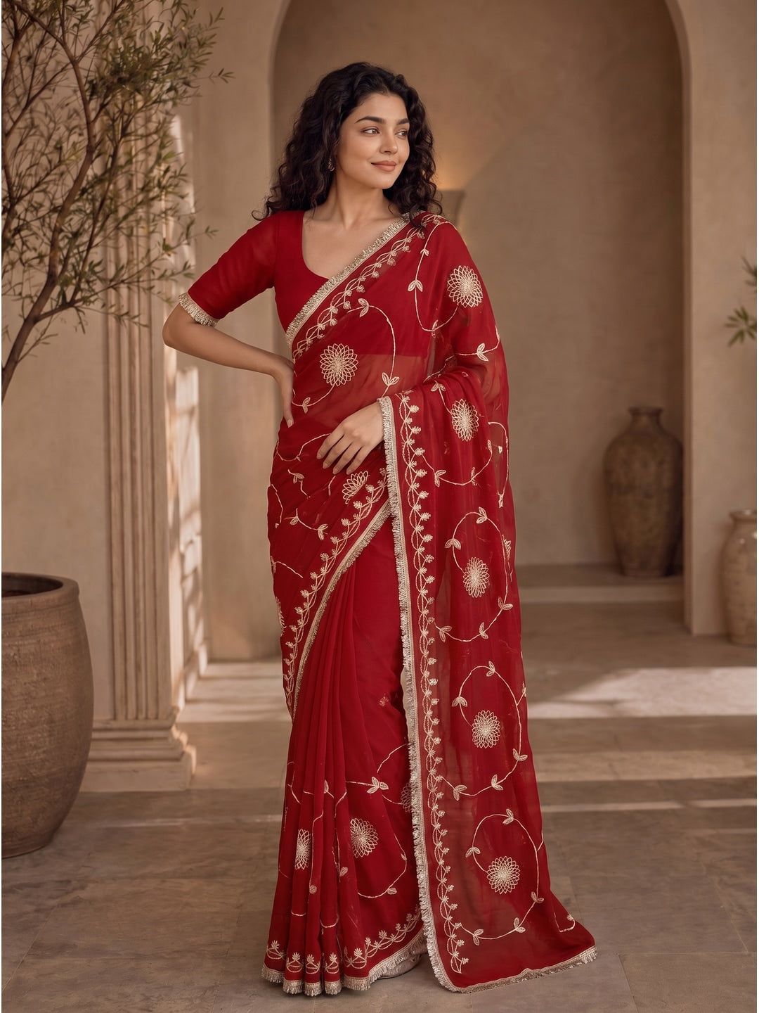Peachmode Red Gota Patti Star Georgette Saree - Image 2