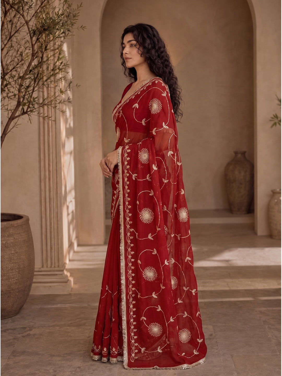 Peachmode Red Gota Patti Star Georgette Saree - Image 4