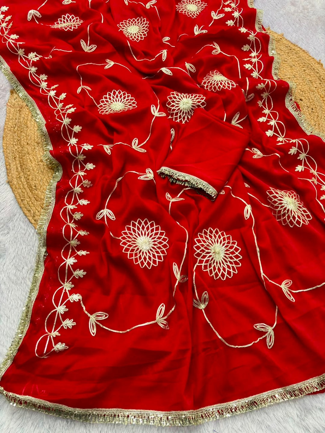 Peachmode Red Gota Patti Star Georgette Saree - Image 5