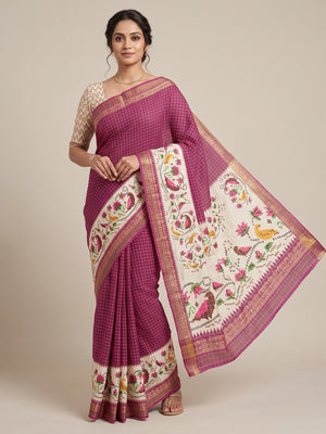 Peachmode Wine Digital Printed Malai Cotton Saree - Image 1