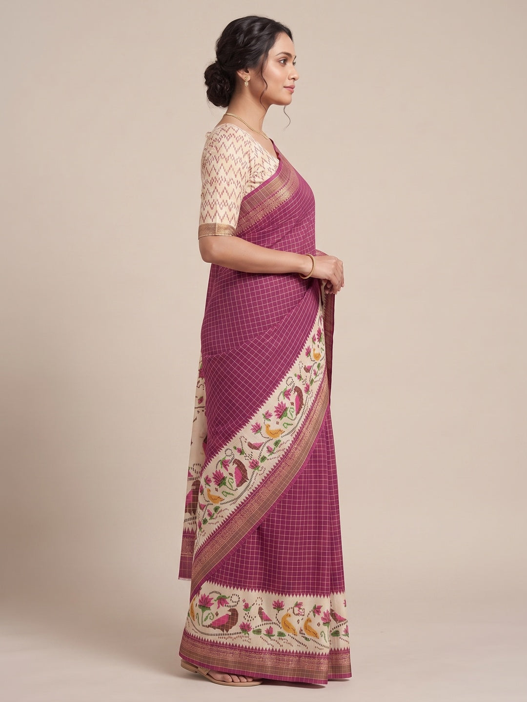 Peachmode Wine Digital Printed Malai Cotton Saree - Image 4