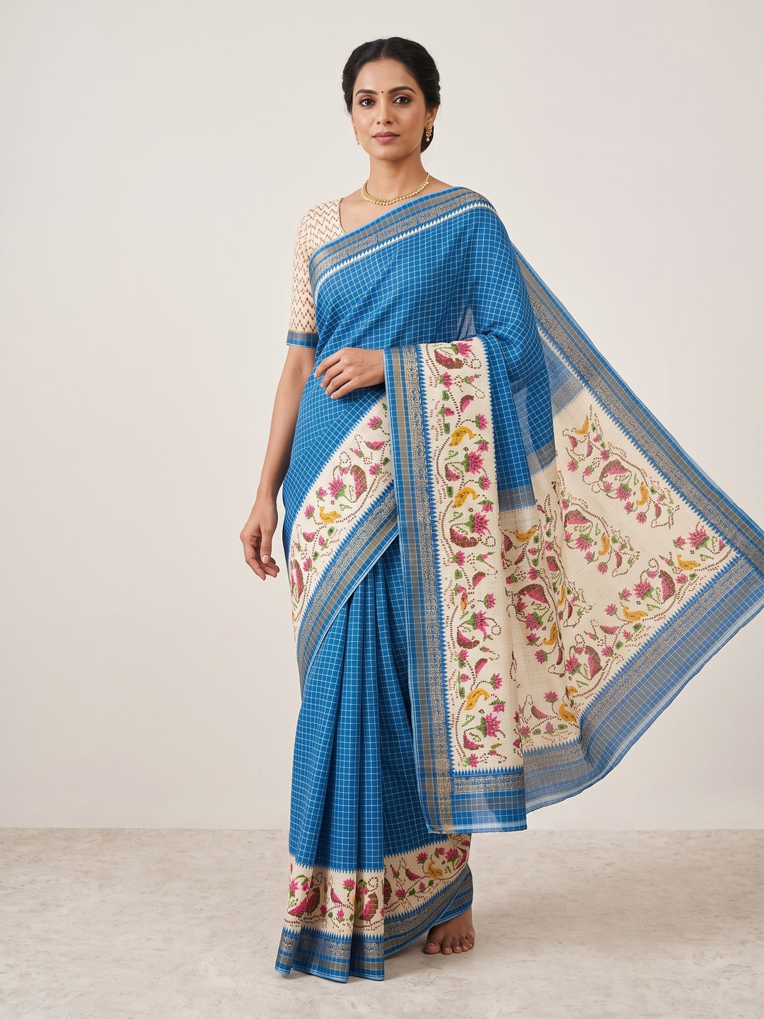 Peachmode Blue Digital Printed Malai Cotton Saree - Image 2