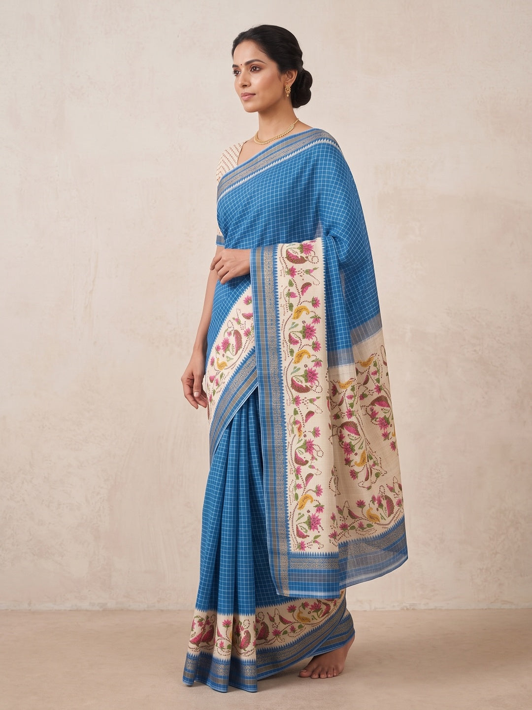 Peachmode Blue Digital Printed Malai Cotton Saree - Image 3