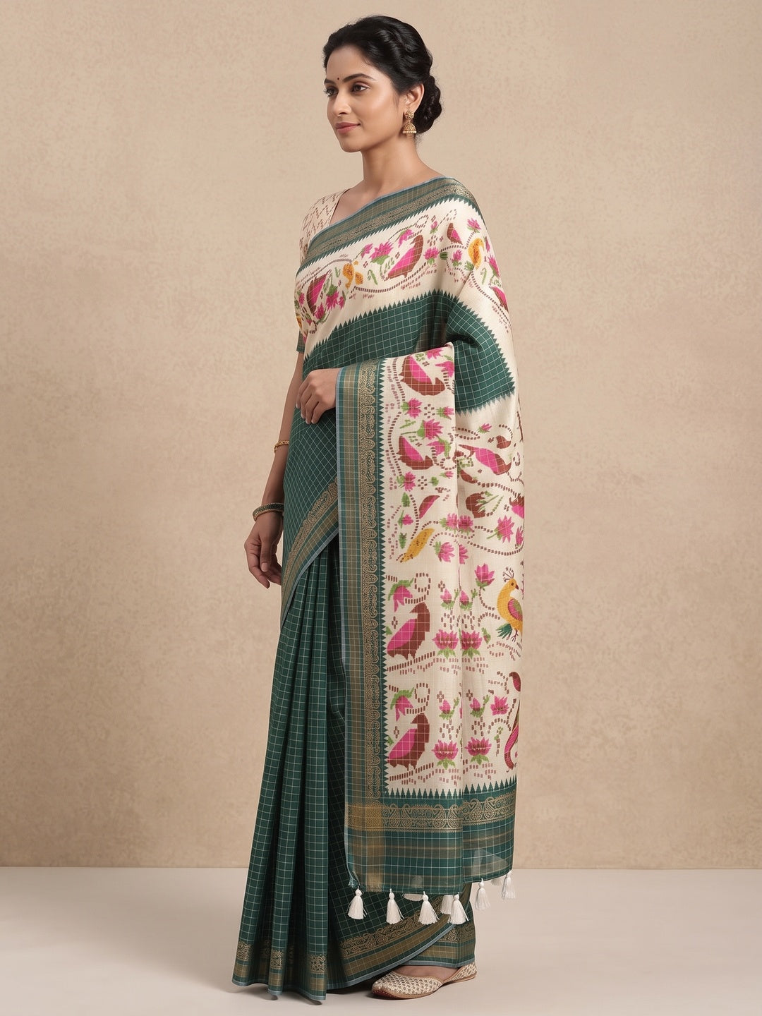 Peachmode Green Digital Printed Malai Cotton Saree - Image 3