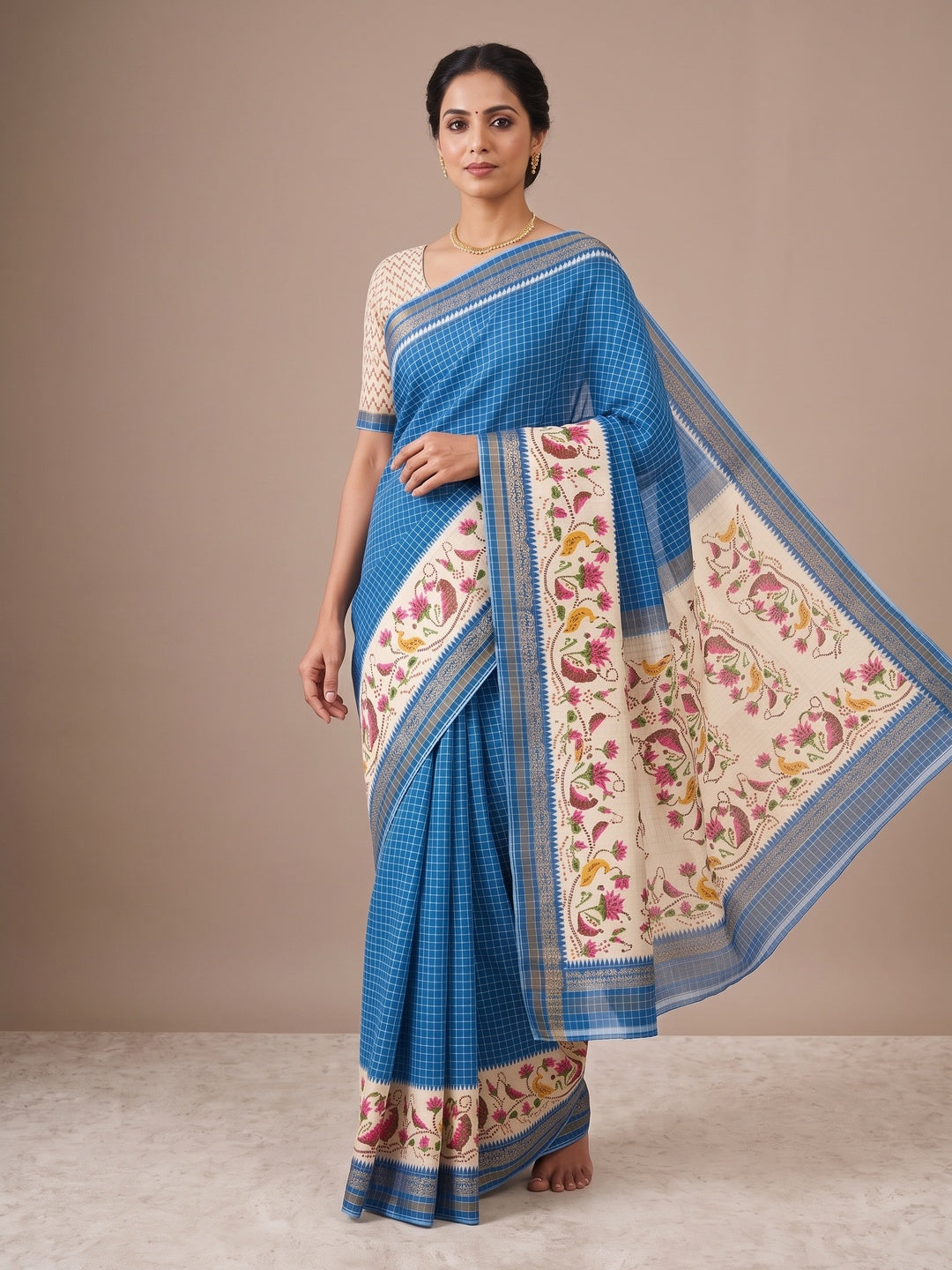 Peachmode Blue Digital Printed Malai Cotton Saree - Image 1