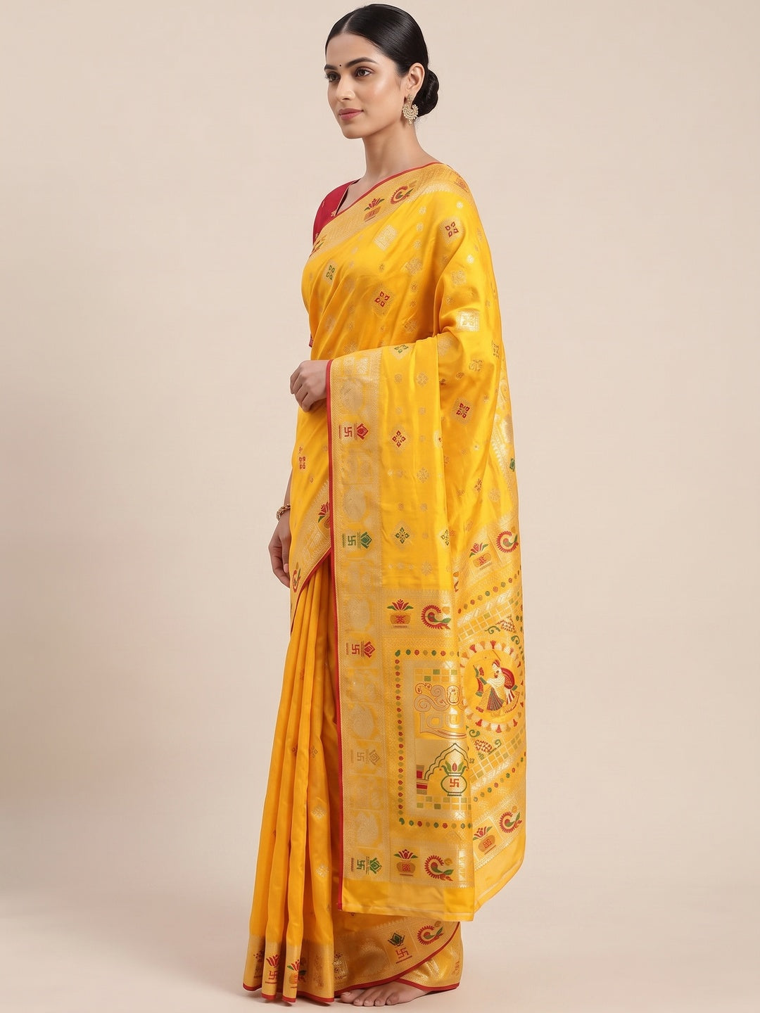 Yellow Artistic Meenakari Zari Woven Muslin Soft Saree with Smooth Fall - Image 3