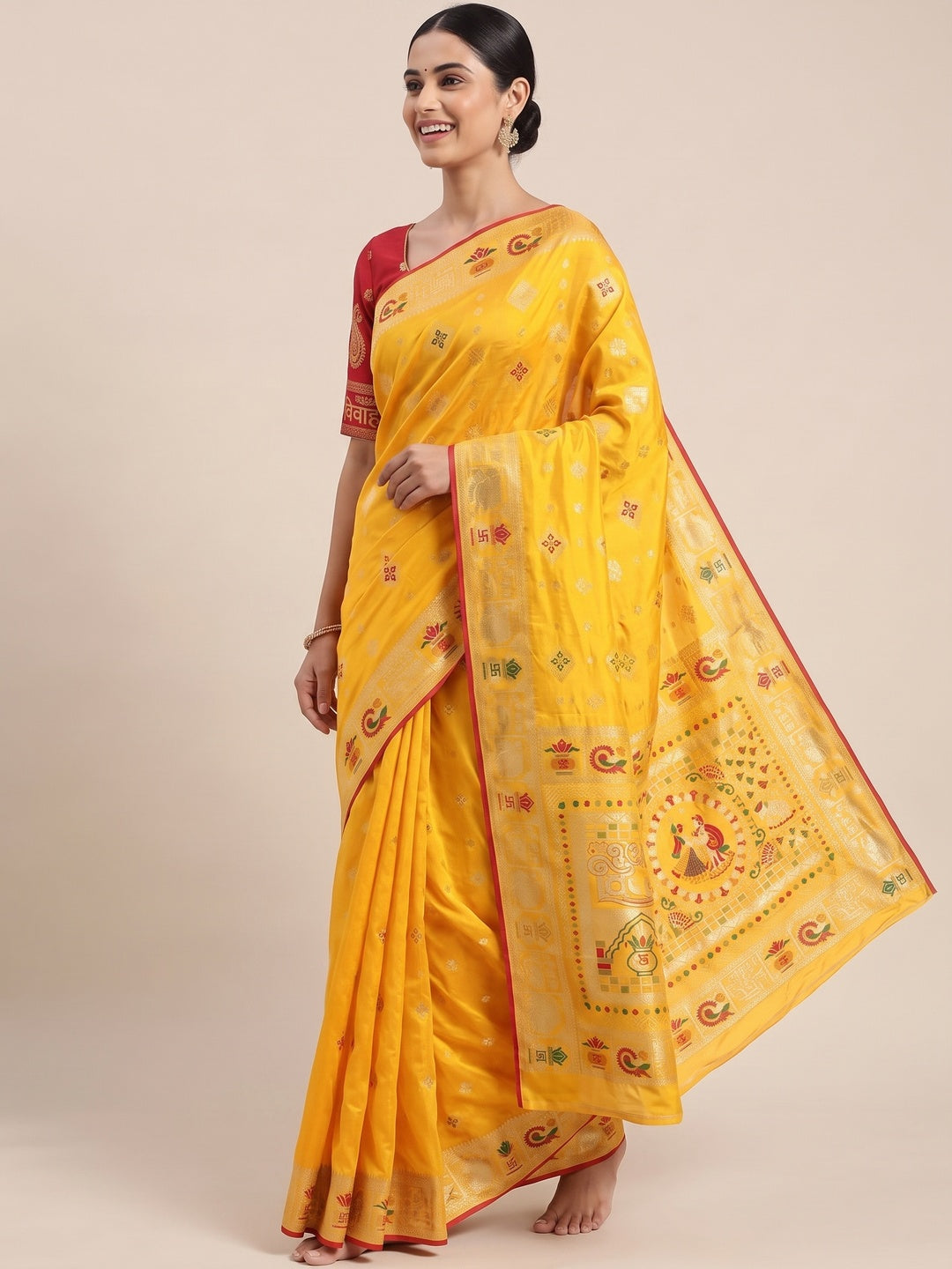 Yellow Artistic Meenakari Zari Woven Muslin Soft Saree with Smooth Fall - Image 4