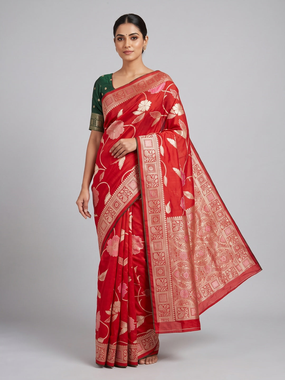Red Graceful Soft Muslin Saree Highlighted with Premium Meenakari Zari Work - Image 1