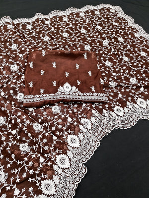 Peachmode Brown Floral Embroidered Mul Chanderi Saree - Image 2