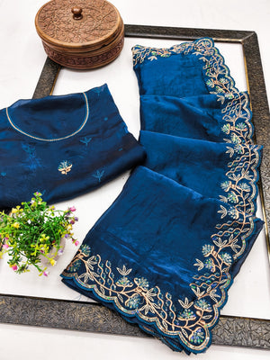 Peachmode Navy Blue Floral Embroidered Fandy Satin Saree - Image 2