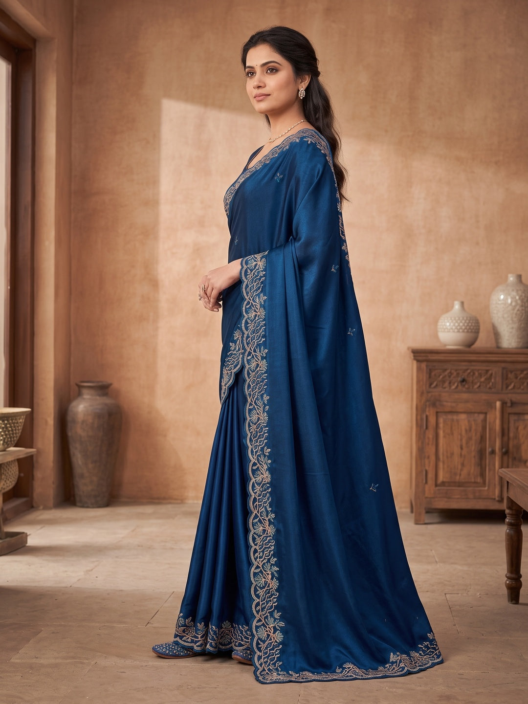 Peachmode Navy Blue Floral Embroidered Fandy Satin Saree - Image 4