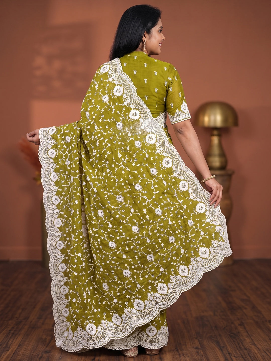 Peachmode Olive Floral Embroidered Mul Chanderi Saree - Image 4