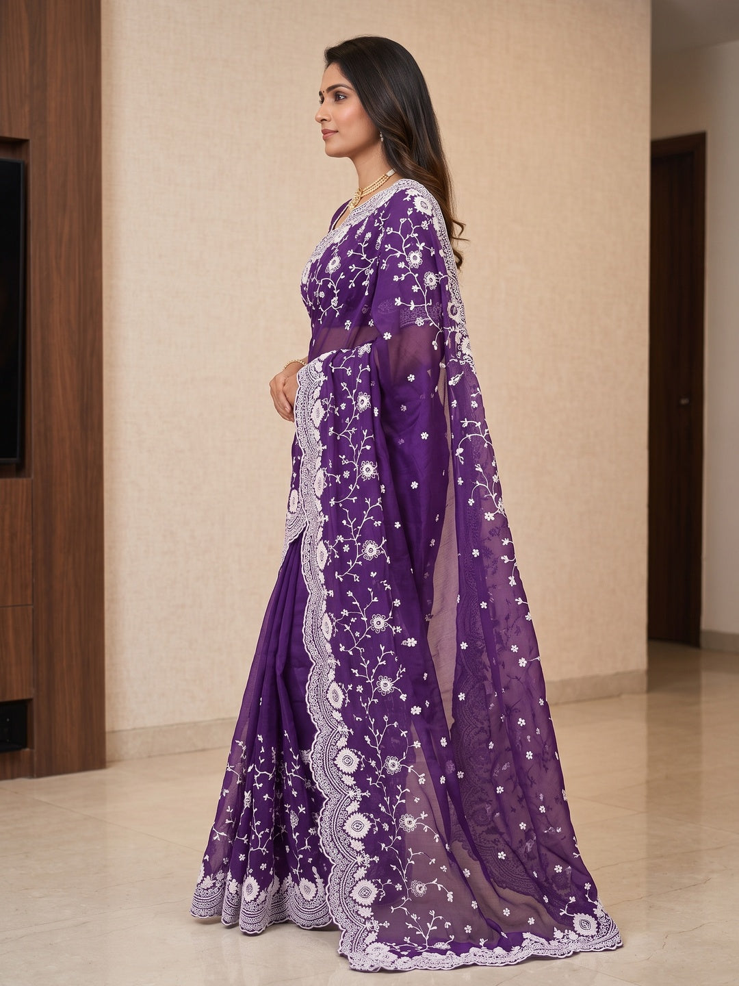 Peachmode Purple Floral Embroidered Mul Chanderi Saree - Image 5